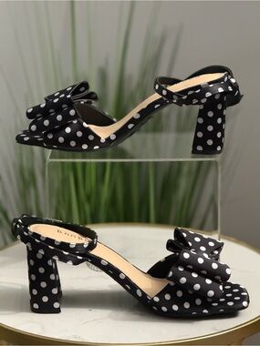 NIB Polka Dot Bow Block Heel Sandals - Black/White